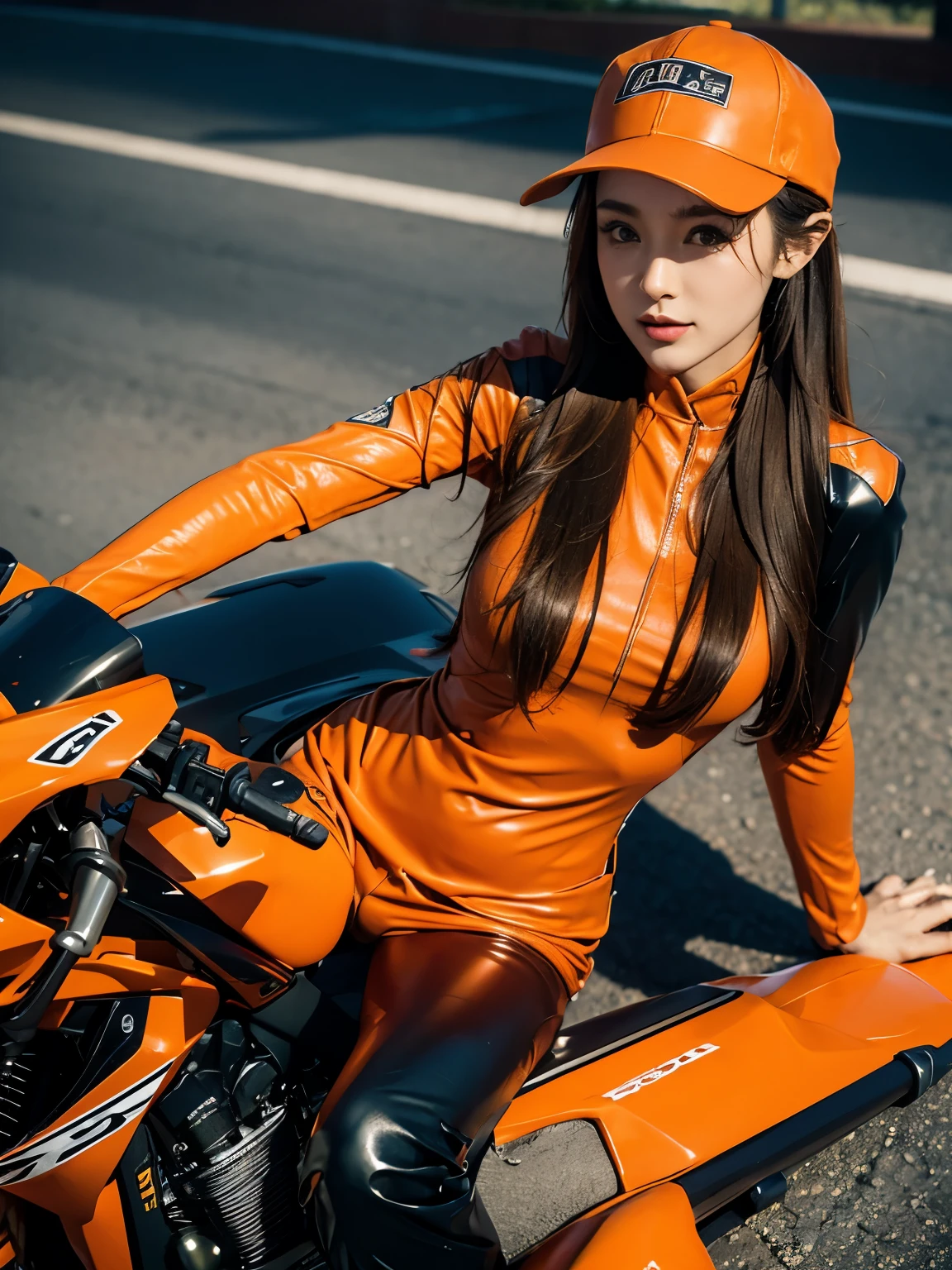 Orange fitted long sleeve long trouser racing leather suit、motorcycle、the way