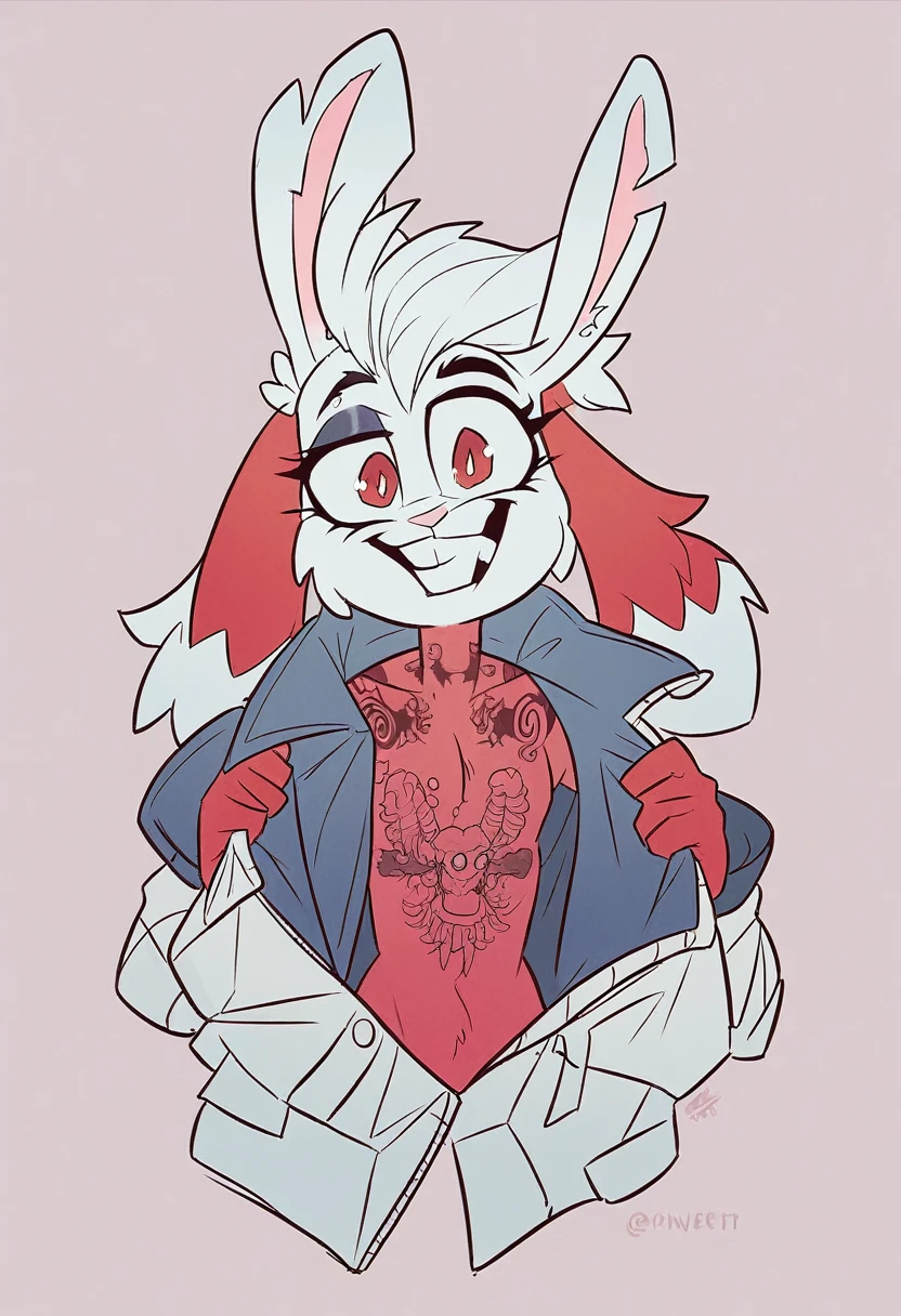 body of a lop-eared rabbit,thin build, sinewy, Elongated, looks like a toy or cartoon character. Eternal smile, absorbs food through teeth. The coat color is snow-white with red stripes in the form of tattoos, a large red diamond is depicted on the head. Background color