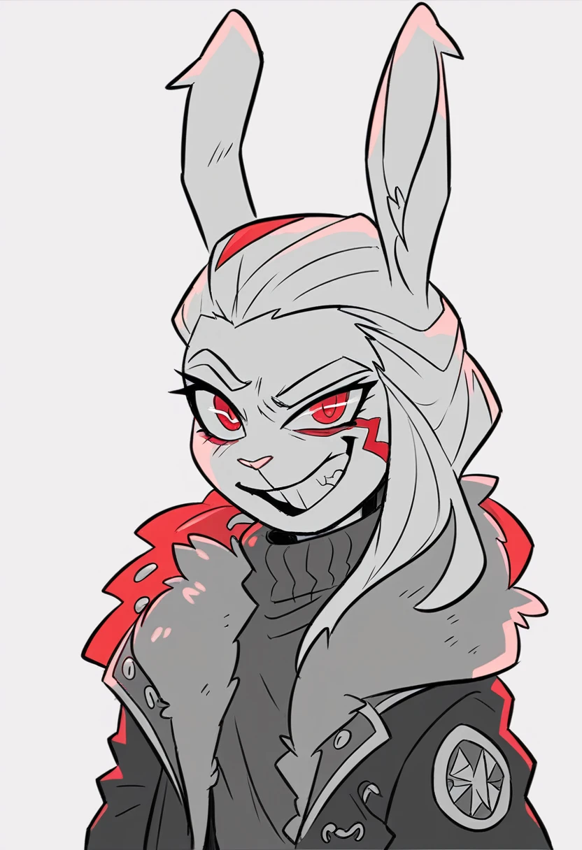 body of a lop-eared rabbit,thin build, sinewy, Elongated, looks like a toy or cartoon character. Eternal smile, absorbs food through teeth. The coat color is snow-white with red stripes in the form of tattoos, a large red diamond is depicted on the head