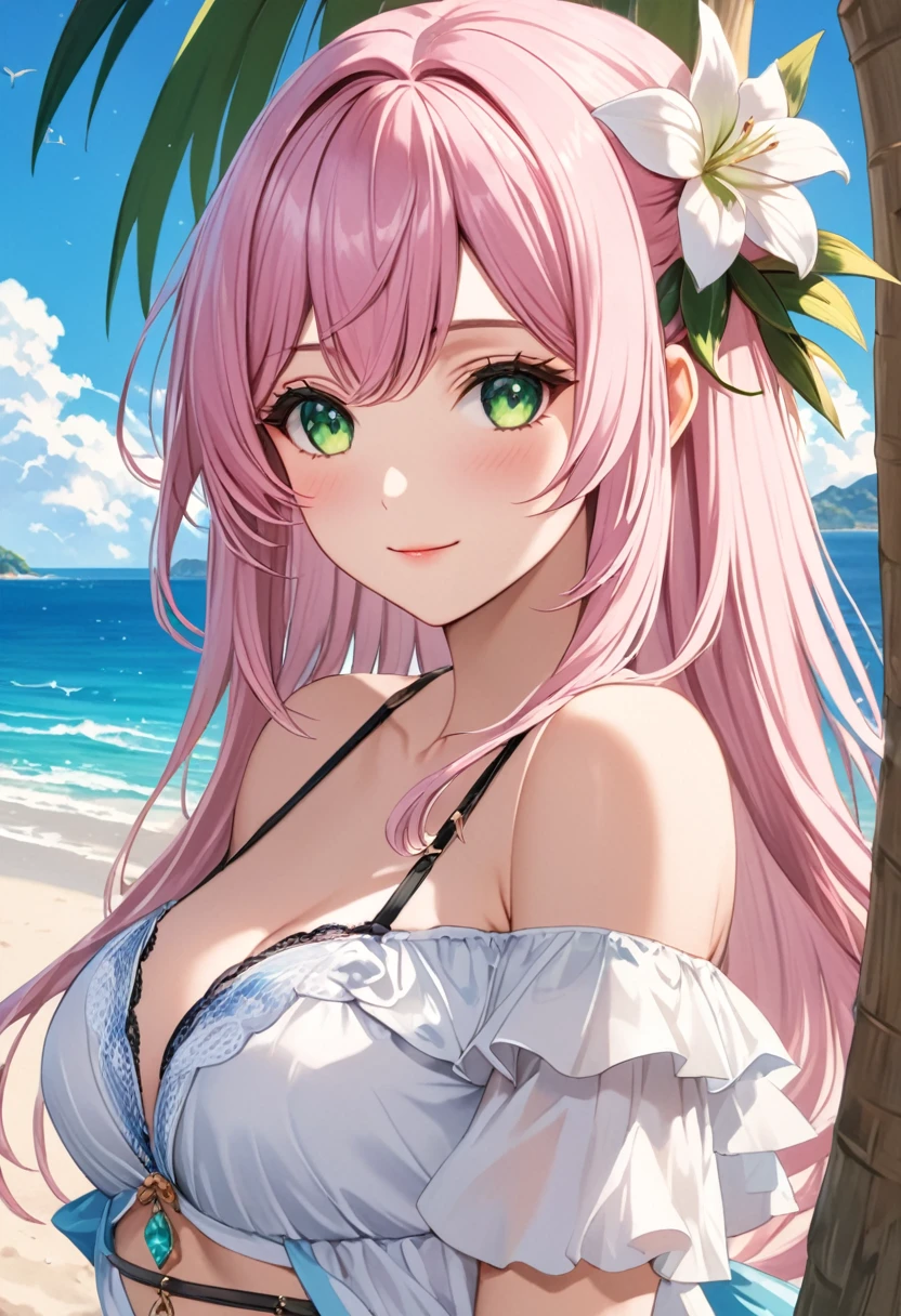 (masterpiece, Highest quality:1.2), One girl, alone,One girl, lillia, One Girl、Pink long hair、blue eyes、White dress with black lace、large pink ribbon on the chest、anime, Beautiful Face, Highly detailed face, (Highly detailed green eyes:1.2) , Highly detailed beach background, Best lighting, No Shadow, One girl, alone, Outdoor, Genshin Impact, Kirara, bangs,, hair ornaments, Absurd, High resolution, Super sharp, 8K, masterpiece, (View your viewers:1.3), Blushing, (Smile:1.2), break (Detailed sexy beach bikini:1.4), (Sexy pose:1.2), whole body, stand up, (Leaning against a palm tree:1.3)