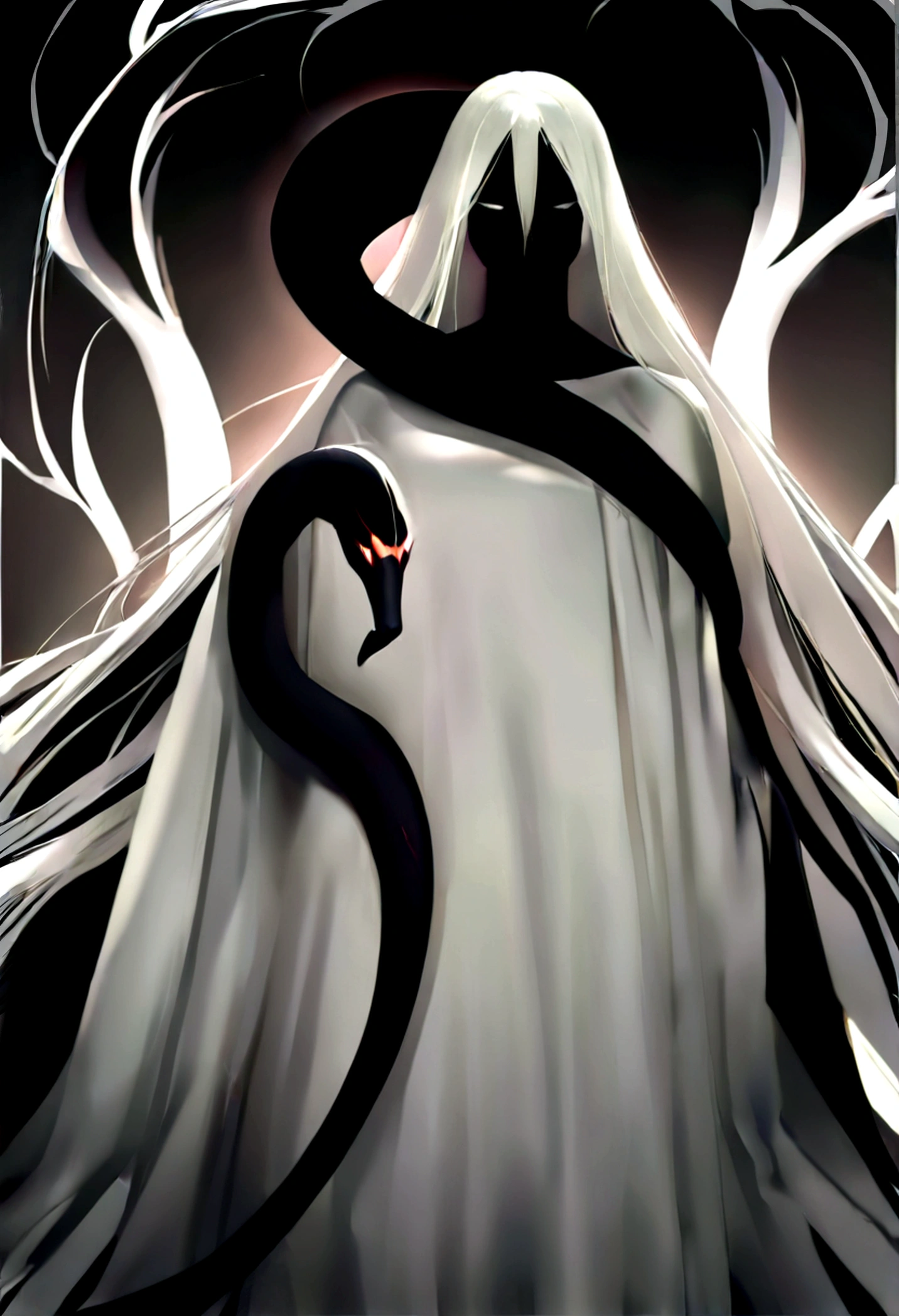 an androgynous-looking man, with long, loose hair. Her hair is a deep black, contrasting with her incredibly pale skin, almost like immaculate porcelain.
Your features are delicate and feminine, with eyes as black as obsidian that seem to penetrate the soul.
He is dressed in a long white silk garment, that flows gracefully around you, further enhancing its ethereal appearance.
In your hands, he holds a black sword, that appears to be made of tangible shadows. The blade exudes an aura of mystery and dark power.
Wrapping around the figure, there is a giant black snake. The snake is imposing, with dark scales and shadowy black eyes, complementing the mysterious and powerful presence of man.