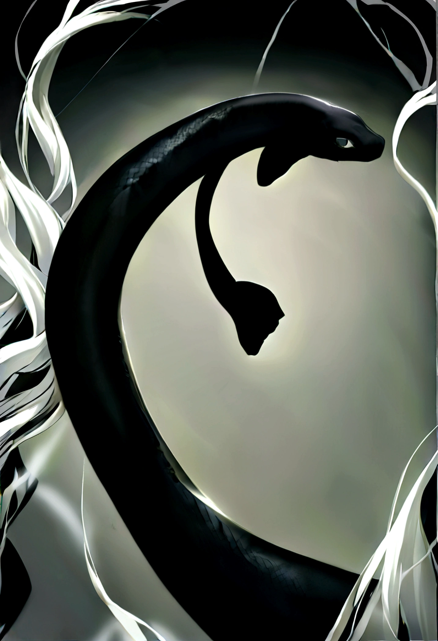 an androgynous-looking man, with long, loose hair. Her hair is a deep black, contrasting with her incredibly pale skin, almost like immaculate porcelain.
Your features are delicate and feminine, with eyes as black as obsidian that seem to penetrate the soul.
He is dressed in a long white silk garment, that flows gracefully around you, further enhancing its ethereal appearance.
In your hands, he holds a black sword, that appears to be made of tangible shadows. The blade exudes an aura of mystery and dark power.
Wrapping around the figure, there is a giant black snake. The snake is imposing, with dark scales and shadowy black eyes, complementing the mysterious and powerful presence of man.