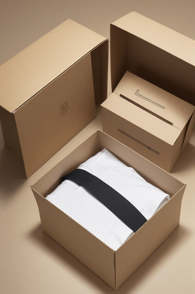 Elegant and minimalist designer t-shirt packaging With rigid cardboard box with matte finish and embossed EleganceWear brand logo , box with magnetic opening sustainable and reusable material
