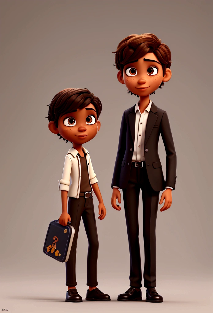 Create a Brazilian ager in Pixar style, light brown skin, Scrawny, short hair and dark brown hairstyle, eyes of the same color showing joy. Full black suit dress, holding in his hands a violin. high quality image and rich detail