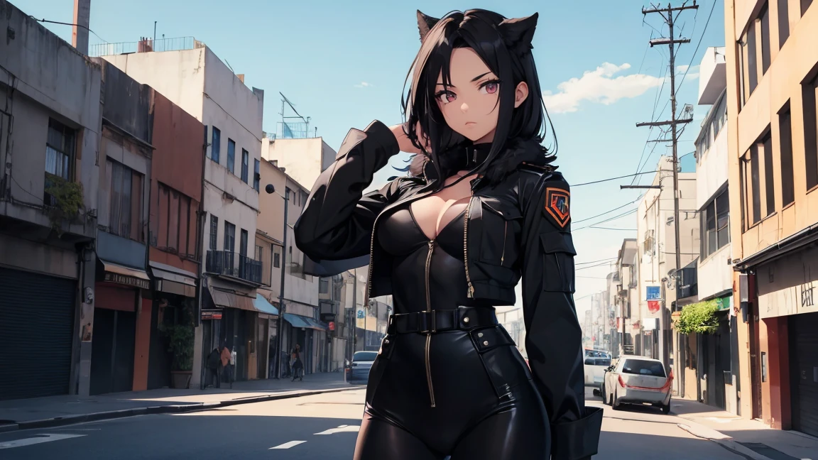 female furry girl, perfect body, militar black suit, serius, pop eyes, sexy, mano en la cadera, vista inferior, fondo simple ciudad.