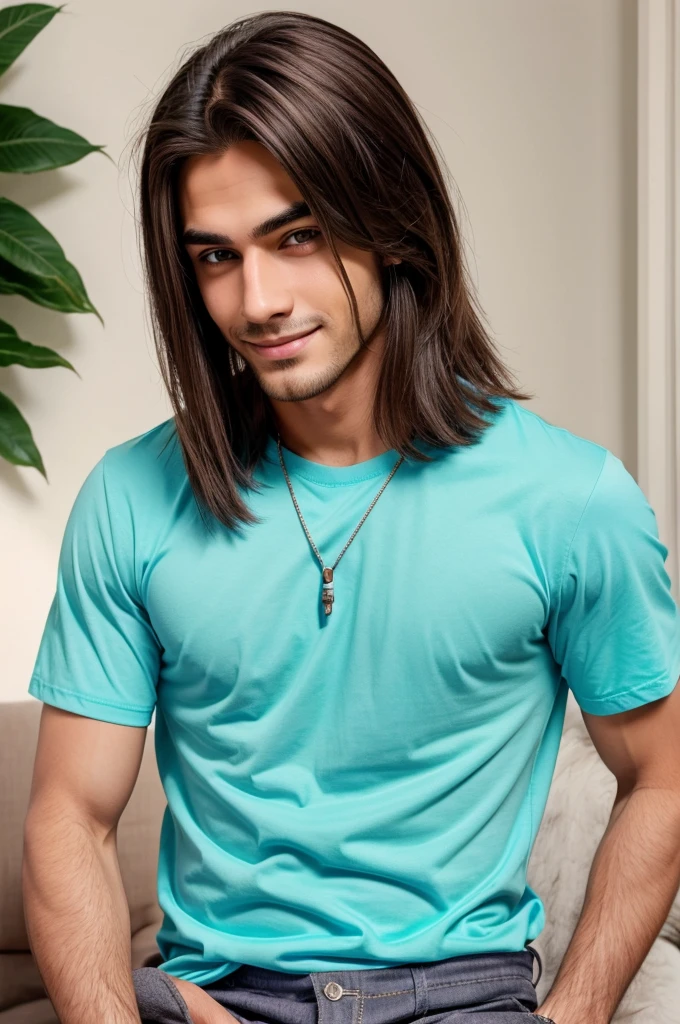 Handsome boy with straight hair cut on eyebrow smile pent shirt