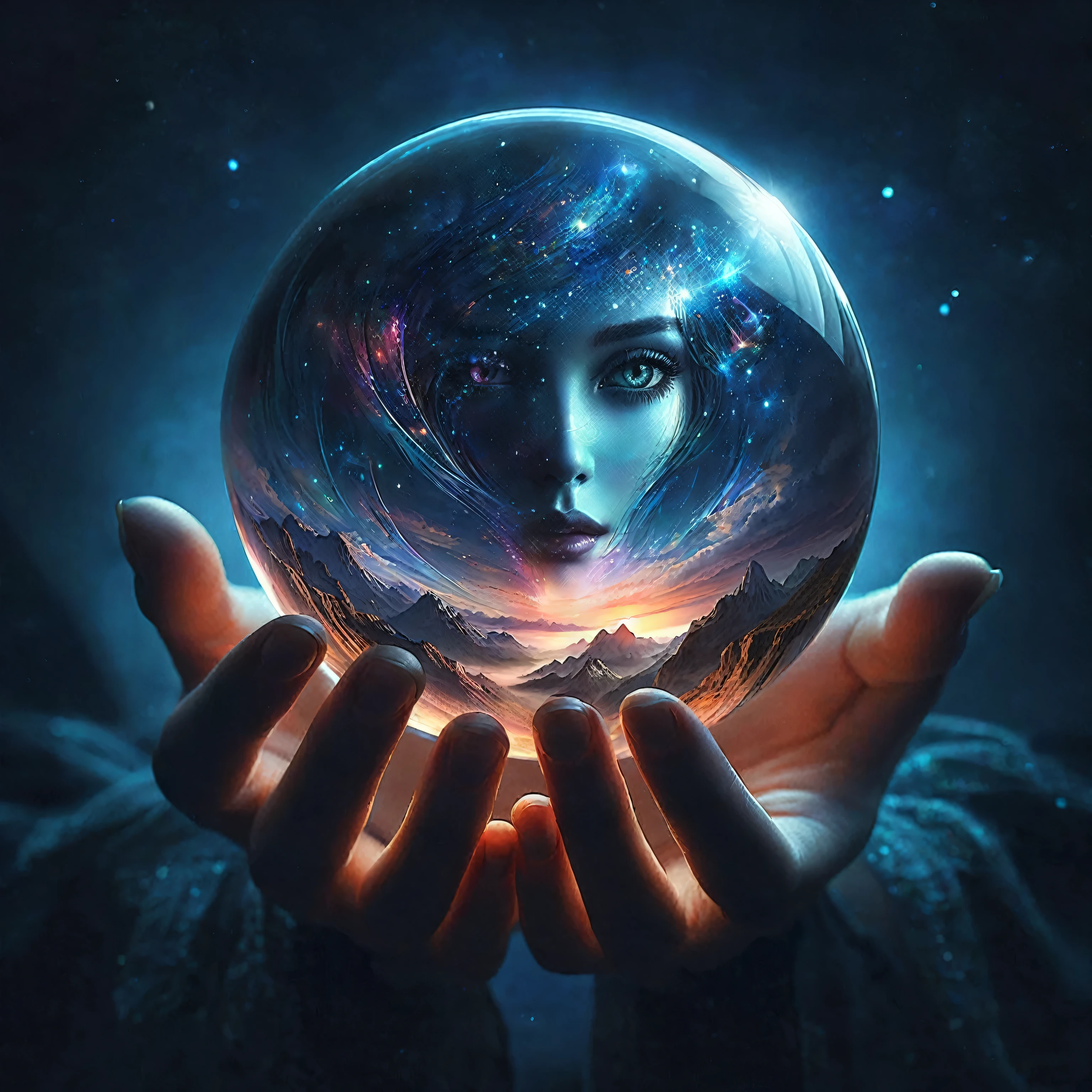 someone holding a crystal ball with a picture of a face in it, beautiful digital art, beautiful image ever created, very beautiful digital art, digital art picture, artistic digital art, beautiful gorgeous digital art, surrealism!!!!, surreal dream, surreal realistic, beautiful!!! digital art, crystal ball, gorgeous digital art, amazing photography, surrealistic digital artwork, stunning digital art