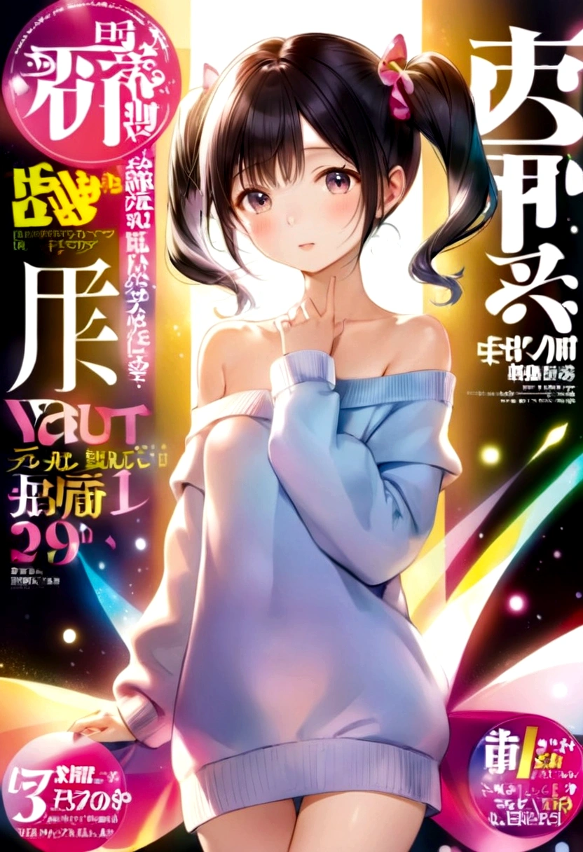 Magazine cover,Twin Tails,Beautiful little girl(Wear an off-shoulder sweater),,(Smooth skin),E7E48U,excited,Small Breasts,pubic hair