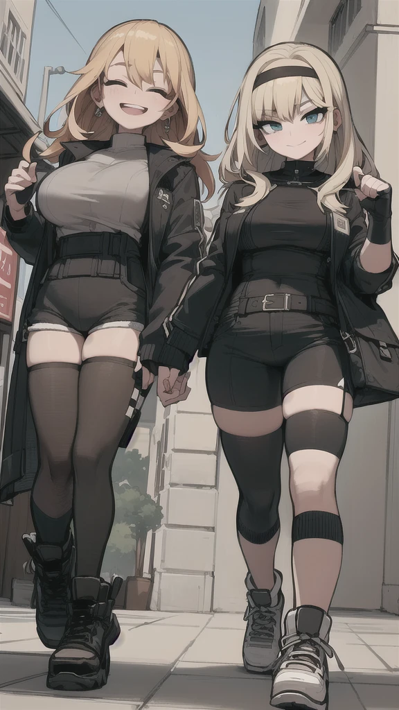 two sexy women walking and looking down at  boy with blonde hair and shorts, women have flirtatious smiles, women have closed eyes and they laugh, ultra hd