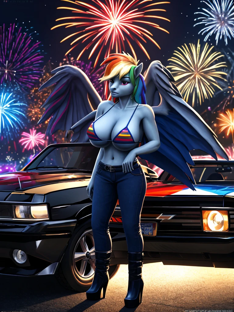a beautiful anthro pony rainbow dash, 1girl, detailed eyes, detailed nose, detailed lips, detailed hands and feet, detailed wings, wearing a United States flag bikini, blue jeans, black leather high heeled boots, light blue skin, standing next to a chevy el camino car, big breasts, fireworks, night, hyperrealistic,(best quality,4k,8k,highres,masterpiece:1.2),ultra-detailed,(realistic,photorealistic,photo-realistic:1.37),vivid colors,dramatic lighting,cinematic,highly detailed