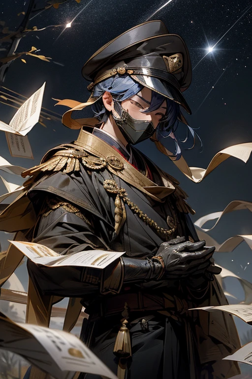 Beautiful starry sky。Man wearing an iron mask。Wearing a military cap and uniform。Tanabata。Write a wish on a strip of paper。Surrounded by his subordinates。