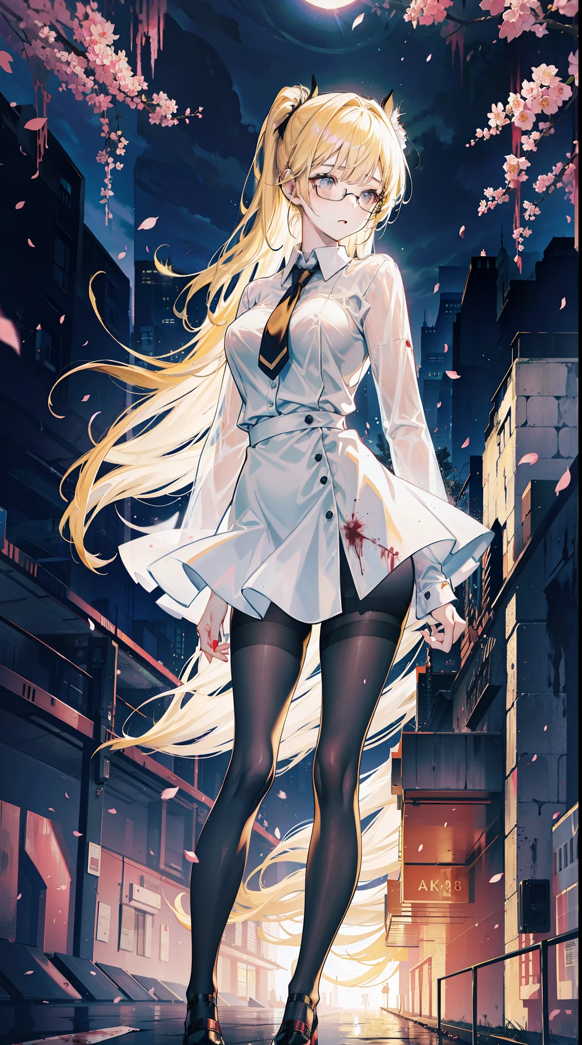 Young and beautiful Kathryn Newton, Glasses, White dress shirt, great neckline, Black Mini Dress, Dark pantyhose, High balance, Surreal, 14 years old, Model figure, Large Breasts, Beautiful breasts, Big Ass, Long hair, Ponytail- Horse, Blonde hair, Long legs, 8K, futuristic city, Cherry blossoms, sunrise, LED lighting, There was blood on the wall, Pool of blood, filled with human remains, Detailed reflection, Anime style, sad