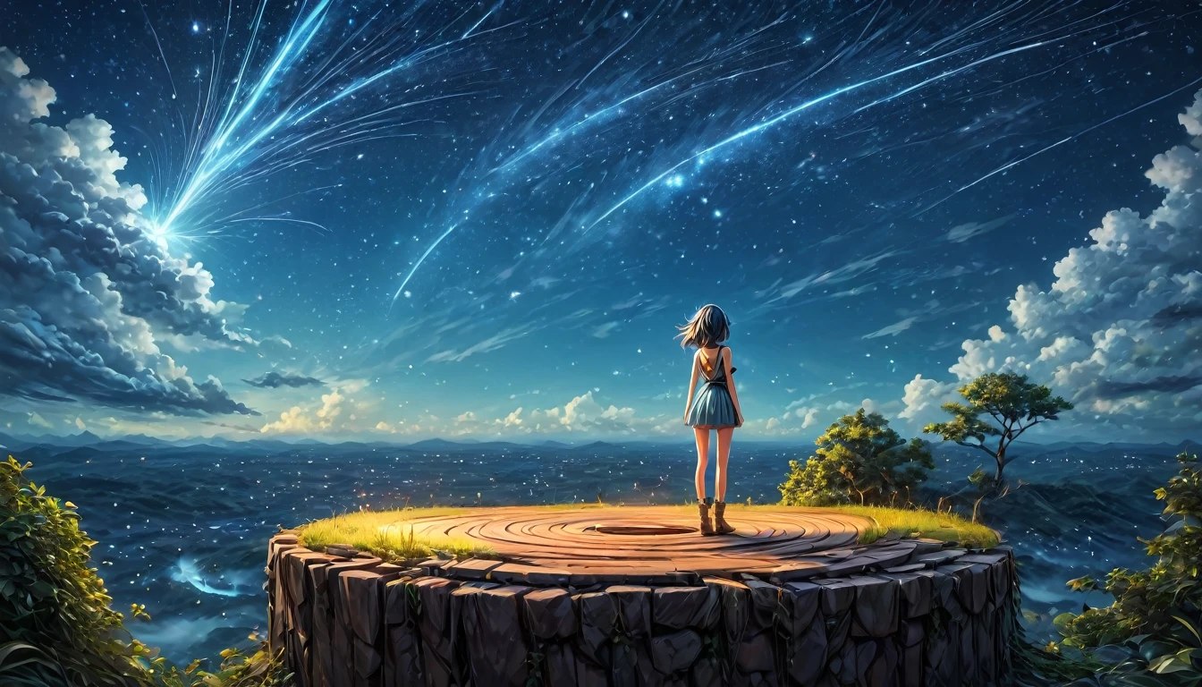 Anime girl stands on the roof and looks at the night sky with stars, Anime wallpaper 4k, Anime wallpaper 4 k, 4k Anime wallpaper, anime art wallpaper 8k, anime art wallpaper 4k, anime art wallpaper 4k, anime style 4k, Makoto Shinkai Cyril Rolando, 4k manga wallpaper, Anime wallpaper, awesome wallpaper, falling stars