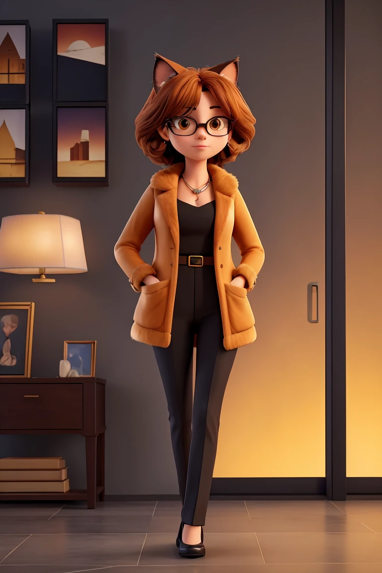 A photorealistic portrait of a 25-year-old female hailing from Cat, featuring deep black eyes and lush orange fur. She is elegantly dressed in a modern suit, complemented by designer sunglasses and a classic watch. This full body image is rendered in 8k HDR, emphasizing fine details and textures. Her pose is relaxed and professional, with a cityscape in the early evening light providing a dynamic background