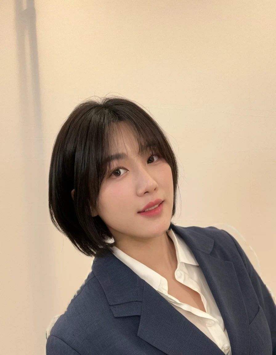 Best Quality, 8k, Masterpiece, (Portrait: 1.3), (photo realistic:1.4), (hyper realistic:1.4), Sharp Focus, looking at viewer, (smoother lighting:1.1), (increase cinematic lighting quality:0.9), realistic lighting, backlighting, light on face, ray trace, (brightening light:1.2), (Increase quality:1.4), sharp detail, (best quality real texture skin:1.4), finely detailed eyes, black_eyes, finely detailed face, 25 year old Korean woman, (white dress_shirt:1.4), (Create an image maintaining the original base model hairstyle:1.5)