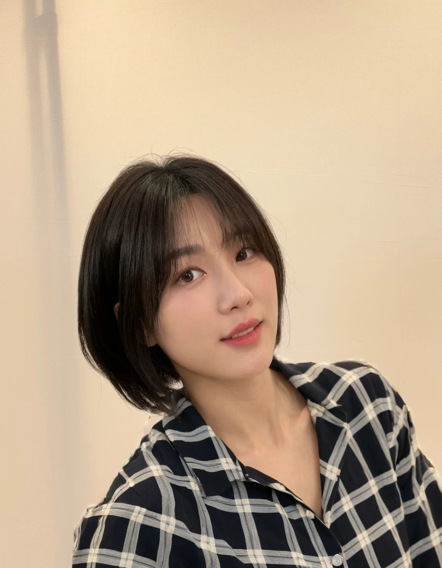 Best Quality, 8k, Masterpiece, (Portrait: 1.3), (photo realistic:1.4), (hyper realistic:1.4), Sharp Focus, looking at viewer, (smoother lighting:1.1), (increase cinematic lighting quality:0.9), realistic lighting, backlighting, light on face, ray trace, (brightening light:1.2), (Increase quality:1.4), sharp detail, (best quality real texture skin:1.4), finely detailed eyes, black_eyes, finely detailed face, 25 year old Korean woman, (white dress_shirt:1.4), (Create an image maintaining the original base model hairstyle:1.5)