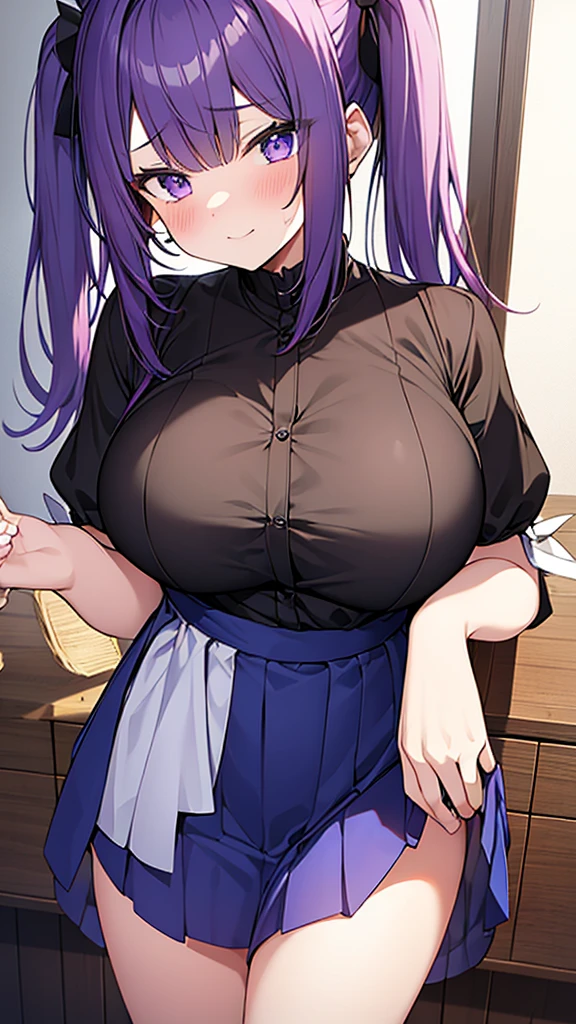 最high quality, high quality, Super detailed, 16K, Ultra-detailed details, pretty girl, alone, beautiful purple hair, Beautiful purple eyes, Big Breasts, A light smile, Summer clothes, Summer Maid clothes, I'm lifting my skirt, Blue and white color striped underwear(Showing her underwear under her skirt), My crotch is wet with love juice, 黒 ニーソックス,  {{A succubus who falls in love with a man steals the facial skin of the girl he loves, transforms her face into that of a girl, and serves the man as a maid.}}, The ghost of a girl with her skin peeled off is pleading with the maid, Full body image, NSFW