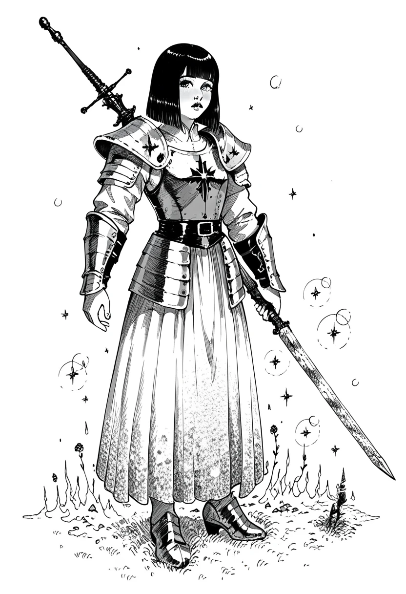 score_9, score_8_up, score_7_up, 1girl, sp1t, abundant detailed hatching shading, monochrome,best quality, high resolution, clean background, blunt bangs, straight hair, hime cut, A medieval female knight in luminous armor, (Luminescent armor:1.3), glitter with gold,
