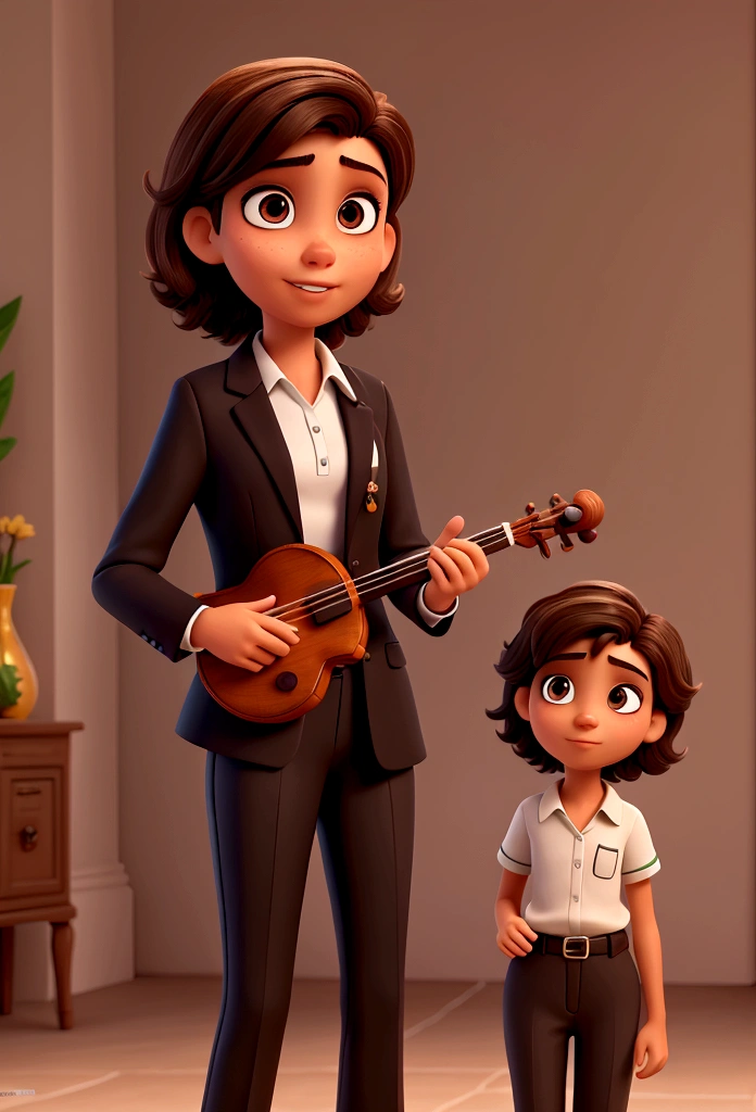 Brazilian teenager, brunette skin, short shaved hair, dark brown color, same color eyes, happy appearance, wearing black suit, holding a violin. Disney PIXAR style image with high quality and details