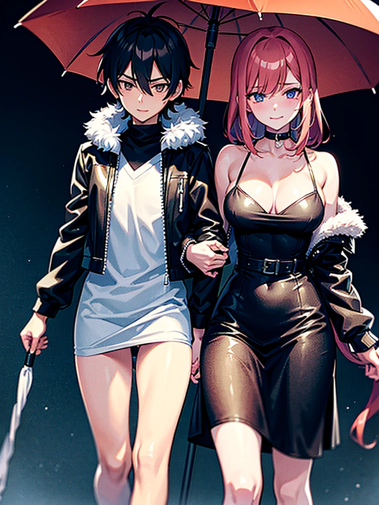 Anime Characters: Mikoto Suoh and Shikomori on a Date in rainy weather, Mikoto Suoh is holding an umbrella in his one hand while Shikomori is walking with him under his umbrella holding his another hand, Shikomori is blushing while smiling cutely and both are little bit wet because of rain. Both are in full dress.
There is a dark rainy background with clouds.
Both are walking at the side of the road.
Mikoto Suoh is a tall, muscular man with red hair and amber eyes. He has Red hair is kept short, ruffled, and spiked, with two strands of hair near the opposite sides of his head falling over his face, as well as distinct sideburns. As a teenager, his hair, while still short and ruffled, was messier and his bangs fell across his forehead.
He wears a black, leather jacket with a fur collar and a white V-neck underneath.

Miyako Shikimori is a tall teenage girl, with extremely long, flowing, Bright Pink hair that stretches nearly to her butt, blue eyes, and pale skin.



Ultra hd image, without any detailing mistake, beautiful, masterpiece.
