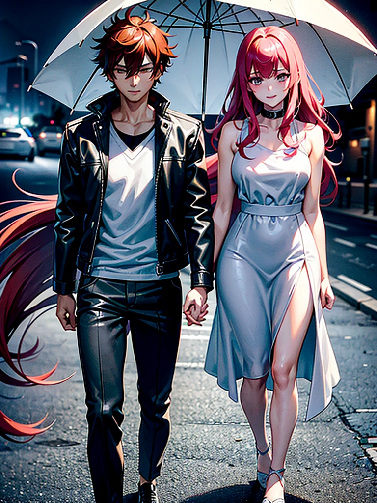 Anime Characters: Mikoto Suoh and Shikomori on a Date in rainy weather, Mikoto Suoh is holding an umbrella in his one hand while Shikomori is walking with him under his umbrella holding his another hand, Shikomori is blushing while smiling cutely and both are little bit wet because of rain. Both are in full dress.
There is a dark rainy background with clouds.
Both are walking at the side of the road.
Mikoto Suoh is a tall, muscular man with red hair and amber eyes. He has Red hair is kept short, ruffled, and spiked, with two strands of hair near the opposite sides of his head falling over his face, as well as distinct sideburns. As a teenager, his hair, while still short and ruffled, was messier and his bangs fell across his forehead.
He wears a black, leather jacket with a fur collar and a white V-neck underneath.

Miyako Shikimori is a tall teenage girl, with extremely long, flowing, Bright Pink hair that stretches nearly to her butt, blue eyes, and pale skin.



Ultra hd image, without any detailing mistake, beautiful, masterpiece.
