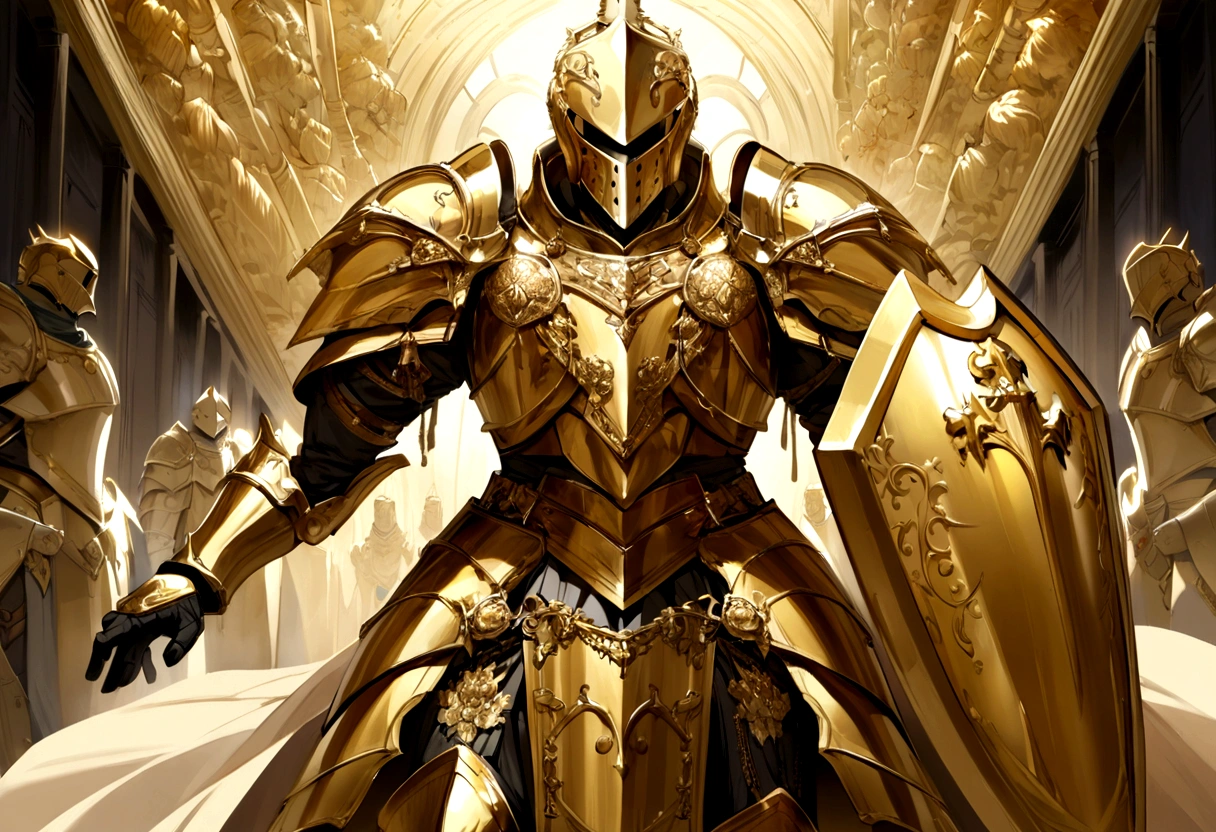 Knight wearing shining golden armor wielded a luminous sword and shield,that emanates a lot of light and a strong shield that the hardest rock represents for the best possible quality presentation