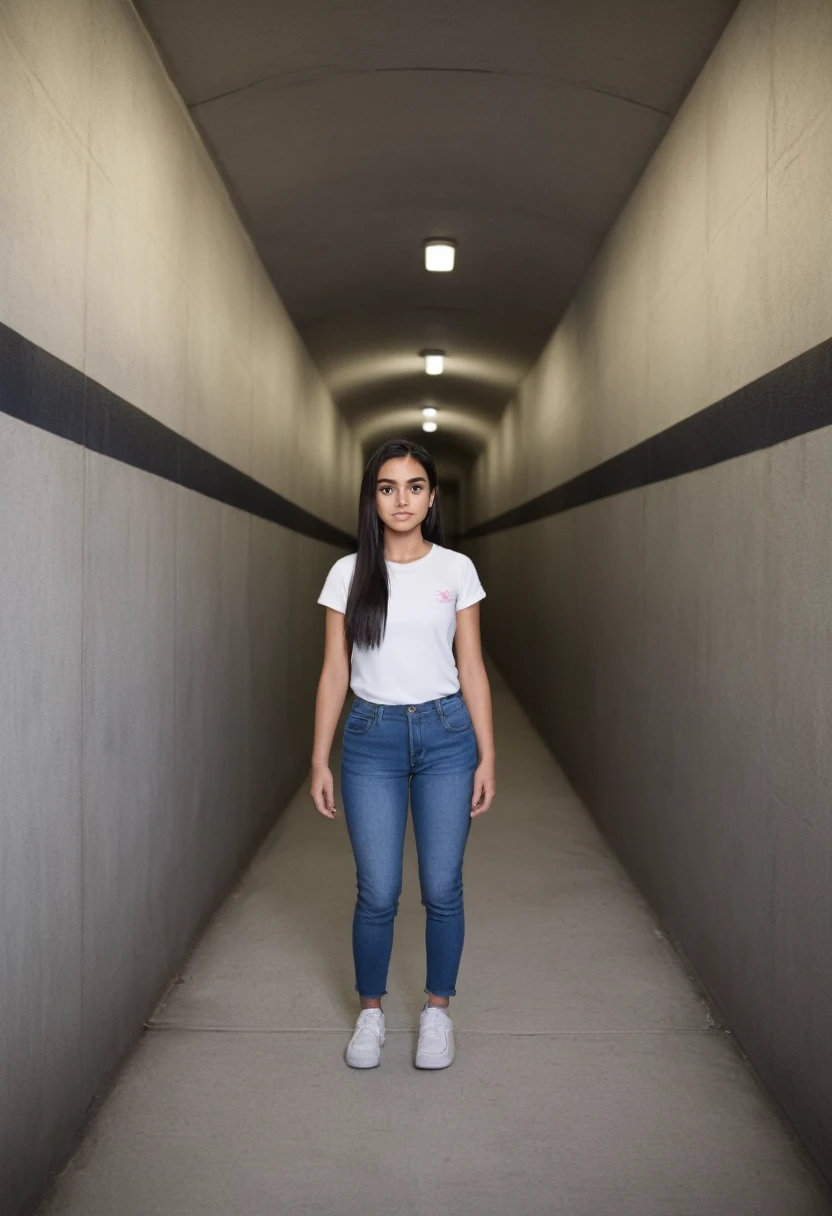 a beautiful young latino woman in a dark tunnel with light at the end of tunnel. She is lifting up a young teenaged girl who has fallen