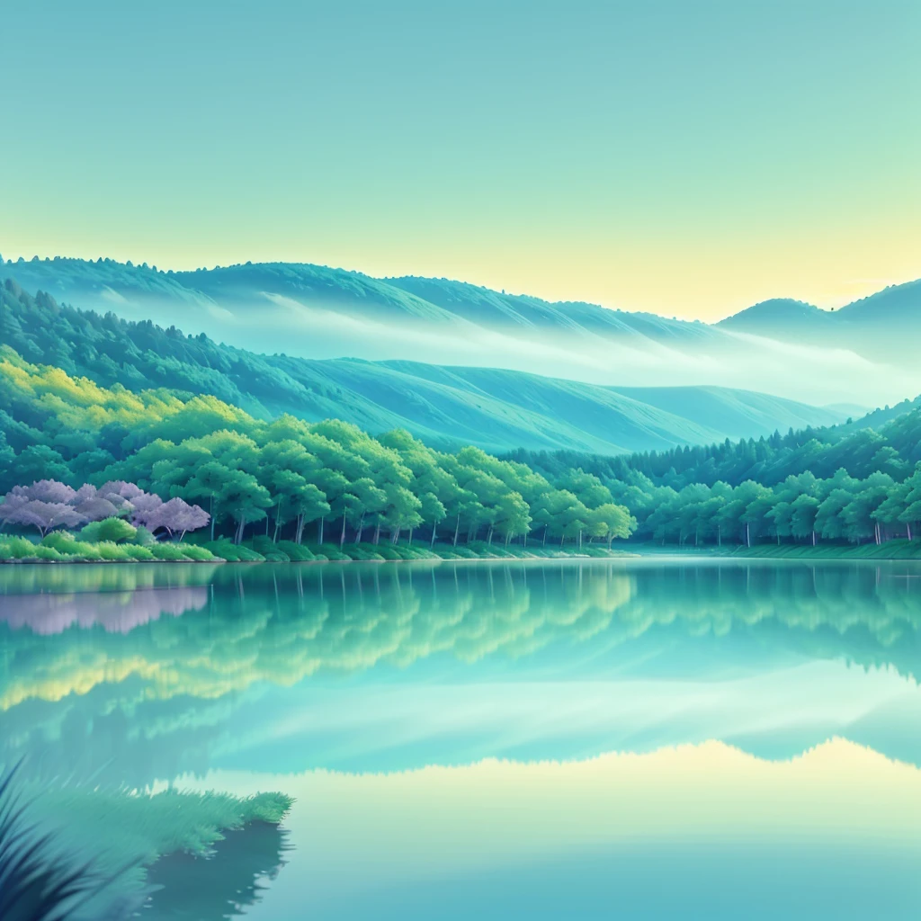 Imagine a serene lake nestled among rolling hills, its surface as smooth as glass. The first light of dawn begins to break over the horizon, casting a soft, golden glow across the landscape. Gentle mist rises from the water, creating an ethereal atmosphere. The sky is painted with hues of pink, orange, and purple, reflecting perfectly on the mirror-like surface of the lake. In the distance, a solitary tree stands silhouetted against the vibrant sky, its branches reaching out as if to greet the new day. The scene is calm and peaceful, evoking a sense of wonder and tranquility.