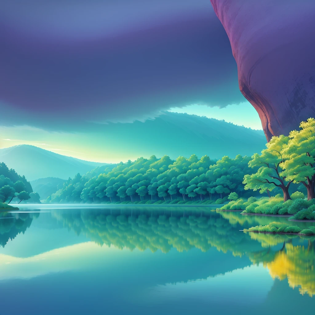 Imagine a serene lake nestled among rolling hills, its surface as smooth as glass. The first light of dawn begins to break over the horizon, casting a soft, golden glow across the landscape. Gentle mist rises from the water, creating an ethereal atmosphere. The sky is painted with hues of pink, orange, and purple, reflecting perfectly on the mirror-like surface of the lake. In the distance, a solitary tree stands silhouetted against the vibrant sky, its branches reaching out as if to greet the new day. The scene is calm and peaceful, evoking a sense of wonder and tranquility.