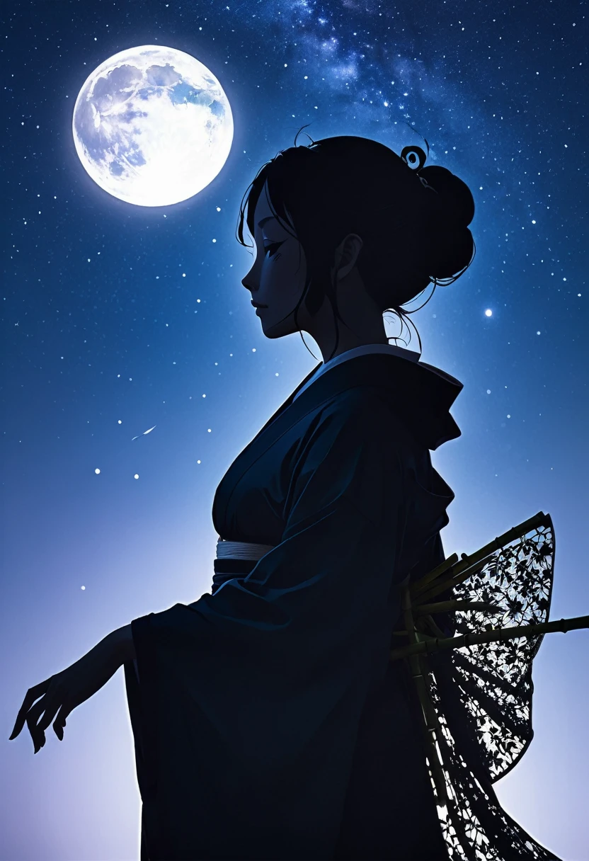 (((silhouette art))), Orihime's sadness at being separated by the Milky Way is conveyed, as she stretches out her right arm and regrets parting, close-up, profile, Close-up, arms outstretched as they bid farewell,The clothing is a kimono, ((Double exposure:1.3, bamboo decoration)), a traditional Japanese folk costume with lace on the sleeves, moon, arigatou, from below, dynamic angle, looking away, bamboo decoration