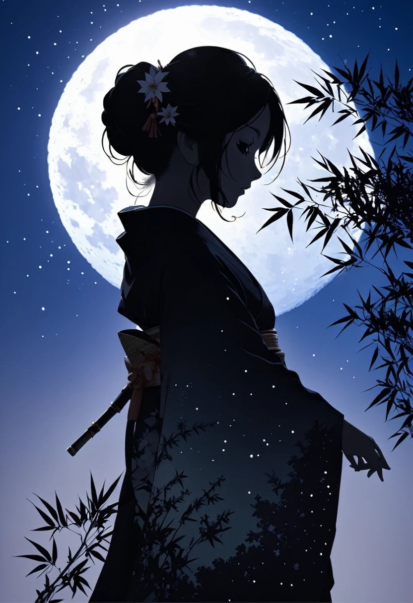 (((silhouette art))), Orihime's sadness at being separated by the Milky Way is conveyed, as she stretches out her right arm and regrets parting, close-up, profile, Close-up, arms outstretched as they bid farewell,The clothing is a kimono, ((Double exposure:1.3, bamboo decoration)), a traditional Japanese folk costume with lace on the sleeves, moon, arigatou, from below, dynamic angle, looking away, bamboo decoration