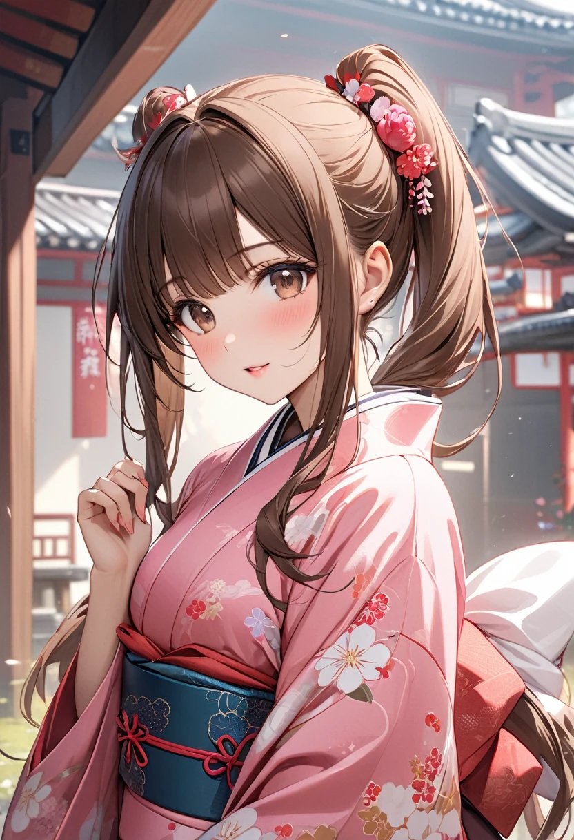 Playful and cute oriental girl with twin ponytails.Light purple gray long hair.Double ponytail hairstyle，Texture、Beautiful white Japanese kimono、，masterpiece，best quality