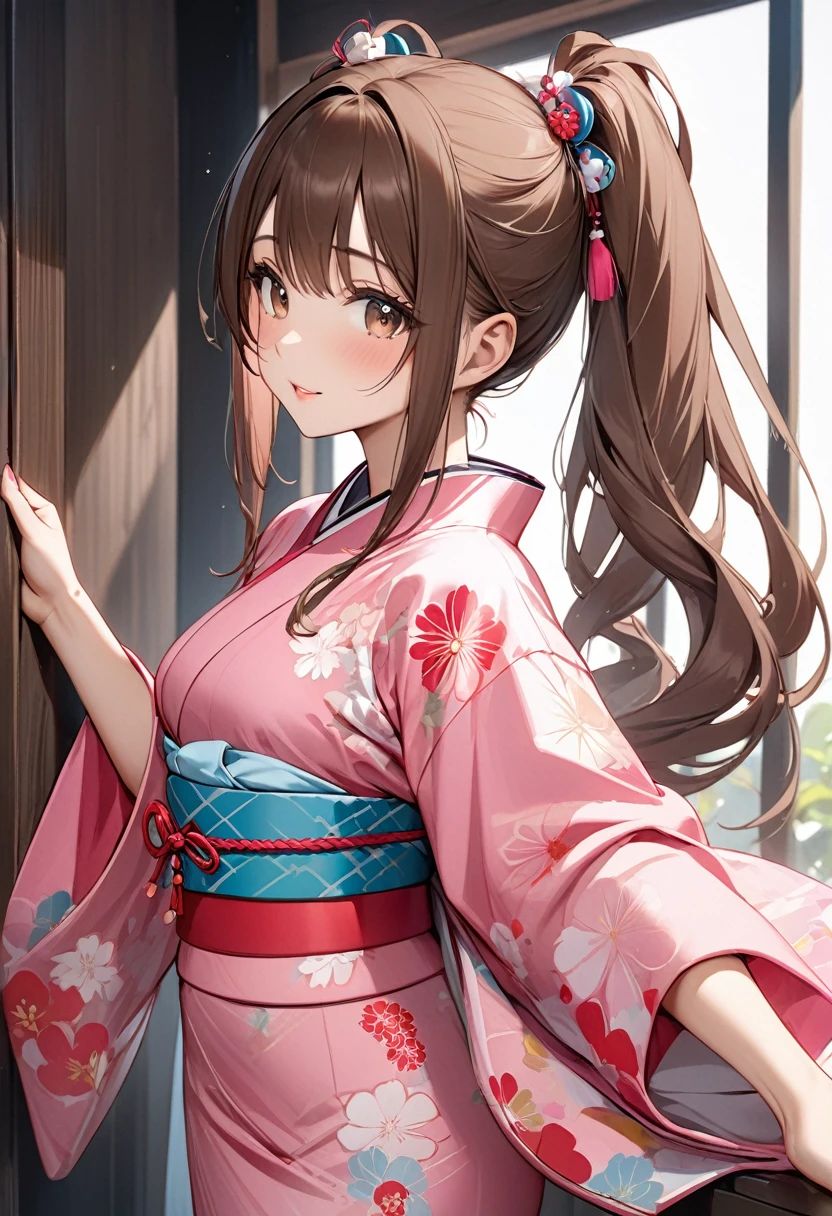 Playful and cute oriental girl with twin ponytails.Light purple gray long hair.Double ponytail hairstyle，Texture、Beautiful white Japanese kimono、，masterpiece，best quality