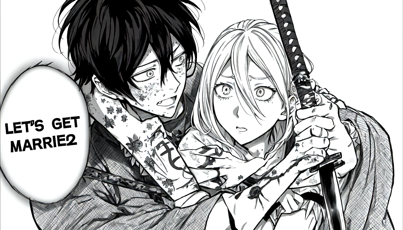 anime couple with sword and text that says let's get married, black and white manga panel, black and white manga page, chainsaw man manga, black and white manga, black and white manga comic, black and white manga style, pencil and ink manga, manga scans, in manga style, ink manga drawing, holding a sword on her shoulder, manga”