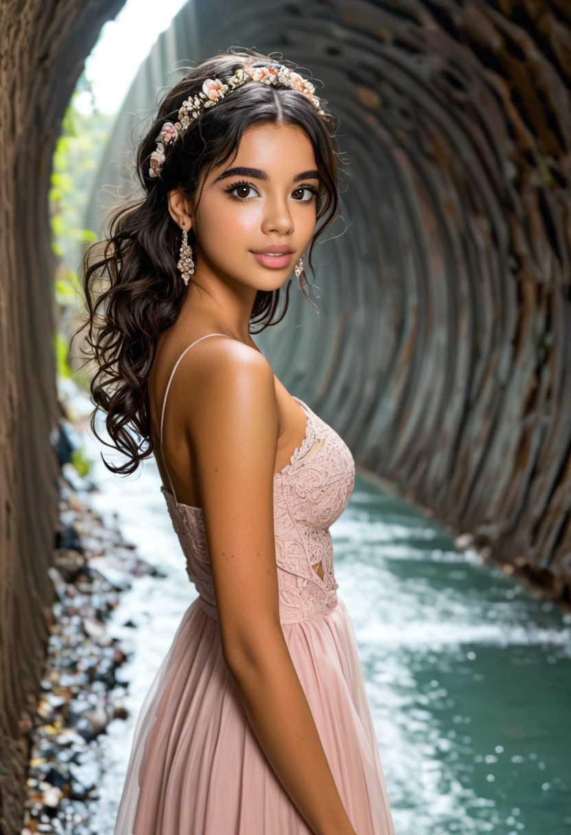 a beautiful young latino woman in a dark tunnel with light at the end of tunnel. She is lifting up a young aged girl who has fallen