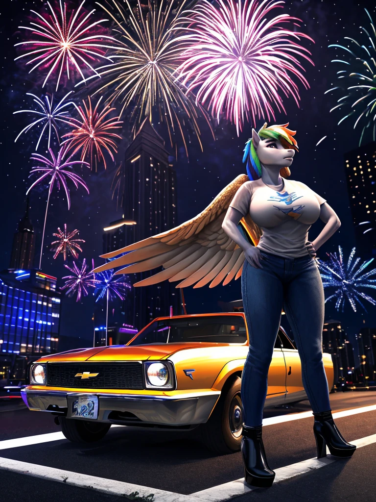 a beautiful anthro pony rainbow dash, 1girl, detailed eyes, detailed nose, detailed lips, detailed hands and feet, detailed wings, wearing a United States red white and blue T-shirt, blue jeans, black leather high heeled boots, light blue skin, standing next to a chevy el camino car, big breasts, fireworks, night, hyperrealistic,(best quality,4k,8k,highres,masterpiece:1.2),ultra-detailed,(realistic,photorealistic,photo-realistic:1.37),vivid colors,dramatic lighting,cinematic,highly detailed