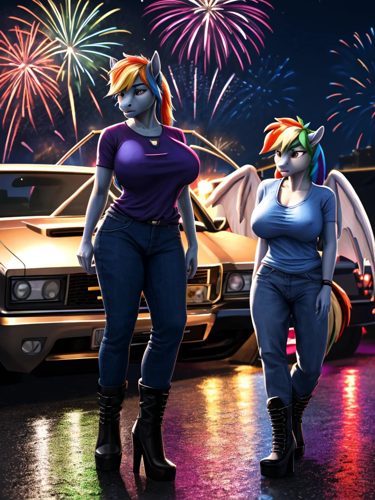 a beautiful anthro pony rainbow dash, 1girl, detailed eyes, detailed nose, detailed lips, detailed hands and feet, detailed wings, wearing a United States red white and blue T-shirt, blue jeans, black leather high heeled boots, light blue skin, standing next to a chevy el camino car, big breasts, fireworks, night, hyperrealistic,(best quality,4k,8k,highres,masterpiece:1.2),ultra-detailed,(realistic,photorealistic,photo-realistic:1.37),vivid colors,dramatic lighting,cinematic,highly detailed