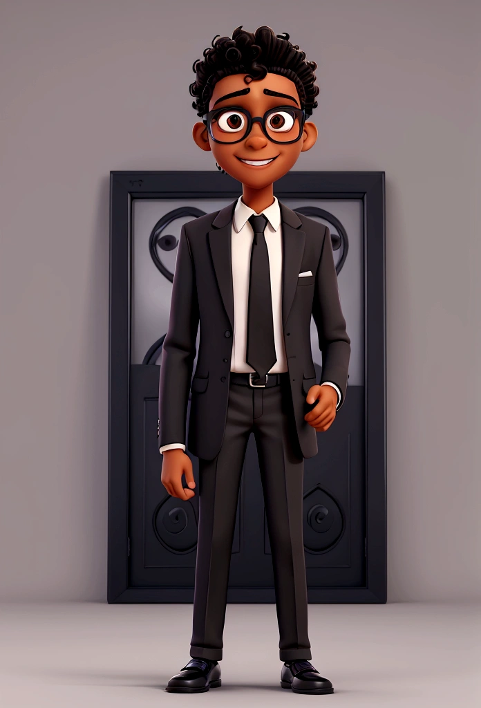 A teenager wearing a black suit with tie, complemented by black shoes. He is standing, presenting a formal appearance. Happy appearance. Brazilian boy, dark skin, curly, shaved hair, dark brown, eyes in the same color showing happiness. Wearing glasses with square frames. Holding in his hands a violin. 3d pixar animation style image