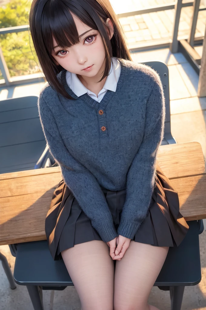 masterpiece, best quality, ultra-detailed, illustration, colorful, falt color, depth of field, lens flare,

1girl, anime, sitting, black hair, looking at viewer,school, classroom, pleated miniskirt , , serafuku, black pantyhose, detailed skin texture, detailed cloth texture, beautiful detailed face,
