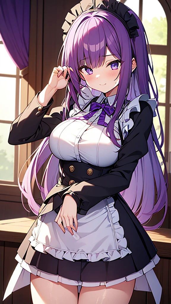 最high quality, high quality, Super detailed, 16K, Ultra-detailed details, pretty girl, alone, beautiful purple hair, Beautiful purple eyes, Big Breasts, A light smile, Summer clothes, Summer Maid clothes, I'm lifting my skirt, Blue and white color striped underwear(Showing her underwear under her skirt), My crotch is wet with love juice, {{A succubus who falls in love with a man steals the facial skin of the girl he loves, transforms her face into that of a girl, and serves the man as a maid.}}, Full body image, NSFW