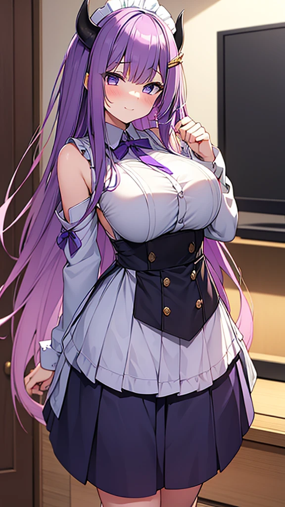 最high quality, high quality, Super detailed, 16K, Ultra-detailed details, pretty girl, alone, beautiful purple hair, Beautiful purple eyes, Big Breasts, A light smile, Summer clothes, Summer Maid clothes, I'm lifting my skirt, Blue and white color striped underwear(Showing her underwear under her skirt), My crotch is wet with love juice, {{A succubus who falls in love with a man steals the facial skin of the girl he loves, transforms her face into that of a girl, and serves the man as a maid.}}, Full body image, NSFW