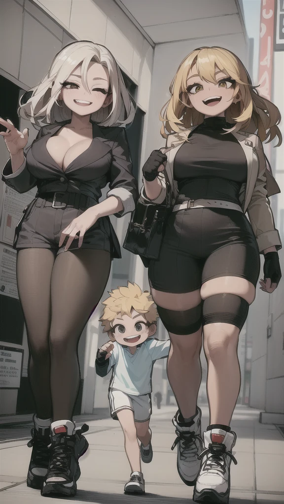two sexy women walking and looking down at 4 boy with blonde hair and shorts, women have flirtatious smiles, women have closed eyes and they laugh, ultra hd