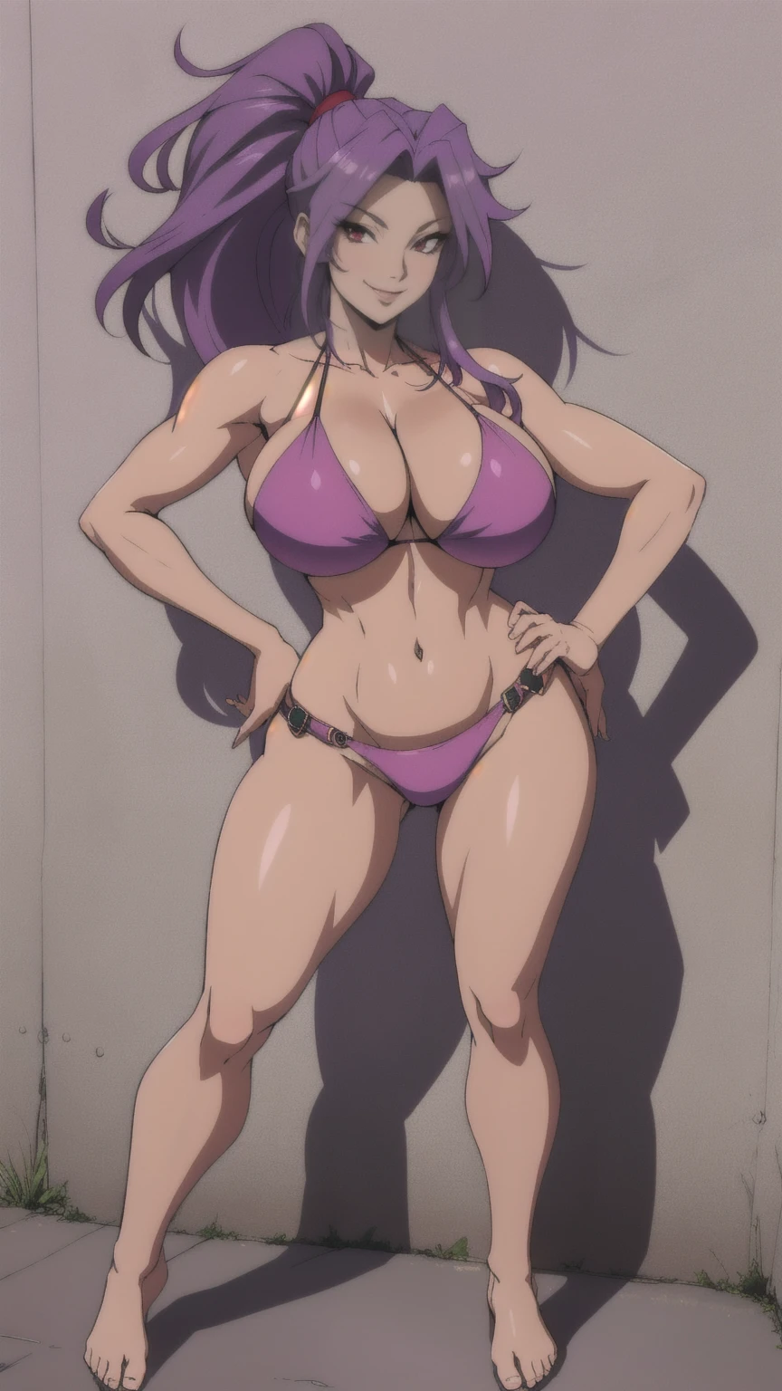 Masterpiece, best quality, Masterpiece, best quality, 1 woman , red eyes , purple hair ponytail , sly face , smile , pink bikini , abdomen, big breasts , Long legs , Barefoot , hands on hips , stand perfectly erect , full body , alley