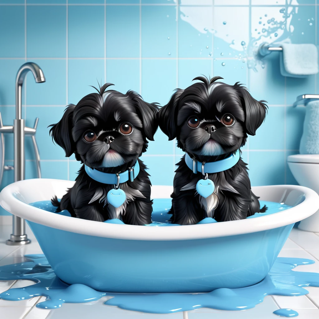 2 Adorable small black Shih Tzu puppies wearing light blue collars, taking a bath making a mess Disney 3d cartoon, 3d render, disney pixar style