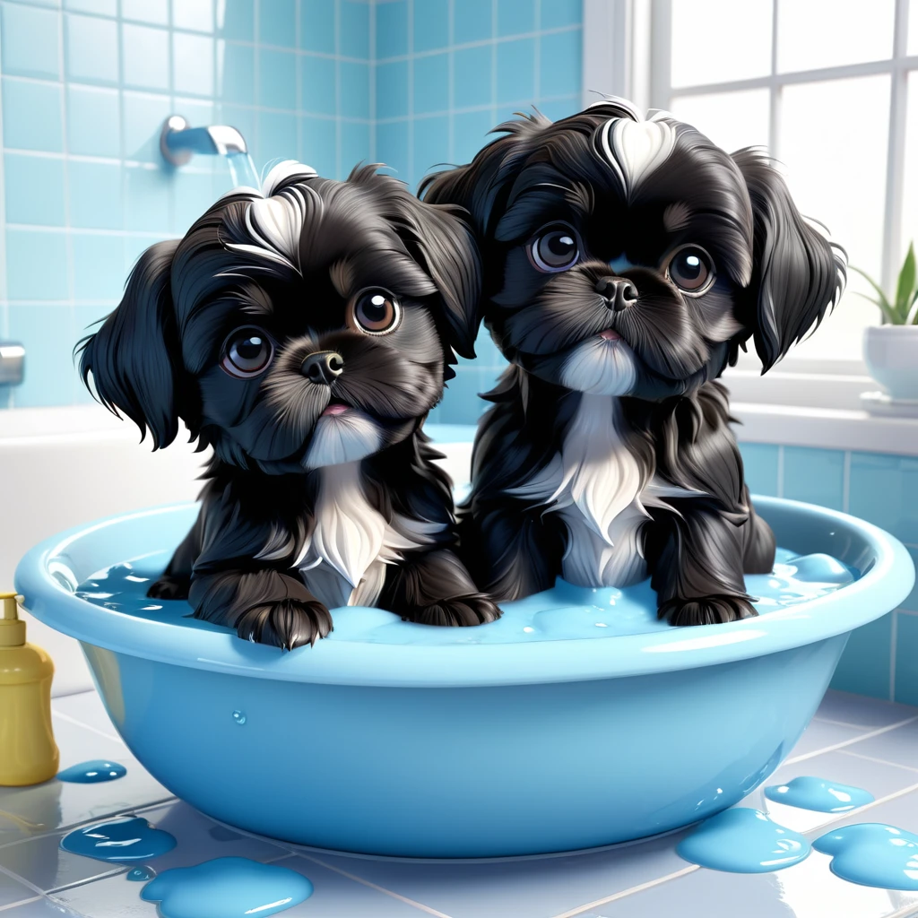2 Adorable small black Shih Tzu puppies wearing light blue collars, taking a bath making a mess Disney 3d cartoon, 3d render, disney pixar style