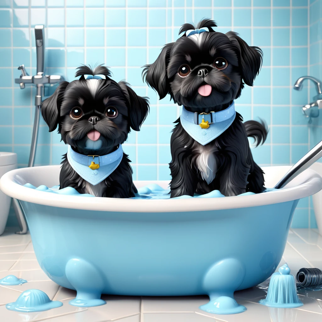 2 Adorable small black Shih Tzu puppies wearing light blue collars, taking a bath making a mess Disney 3d cartoon, 3d render, disney pixar style