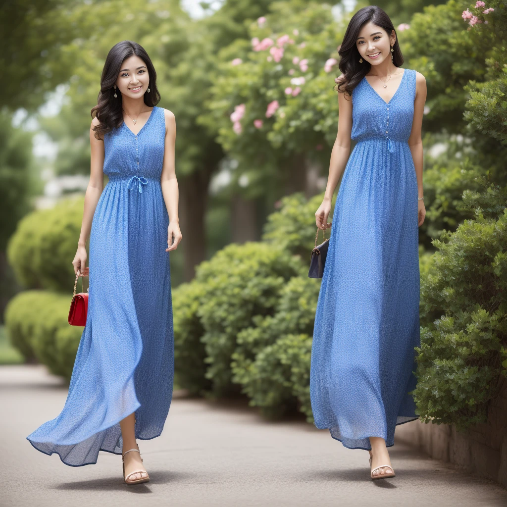 Woman in front, beautiful and charming, wearing a flowy dress, blue or red, 