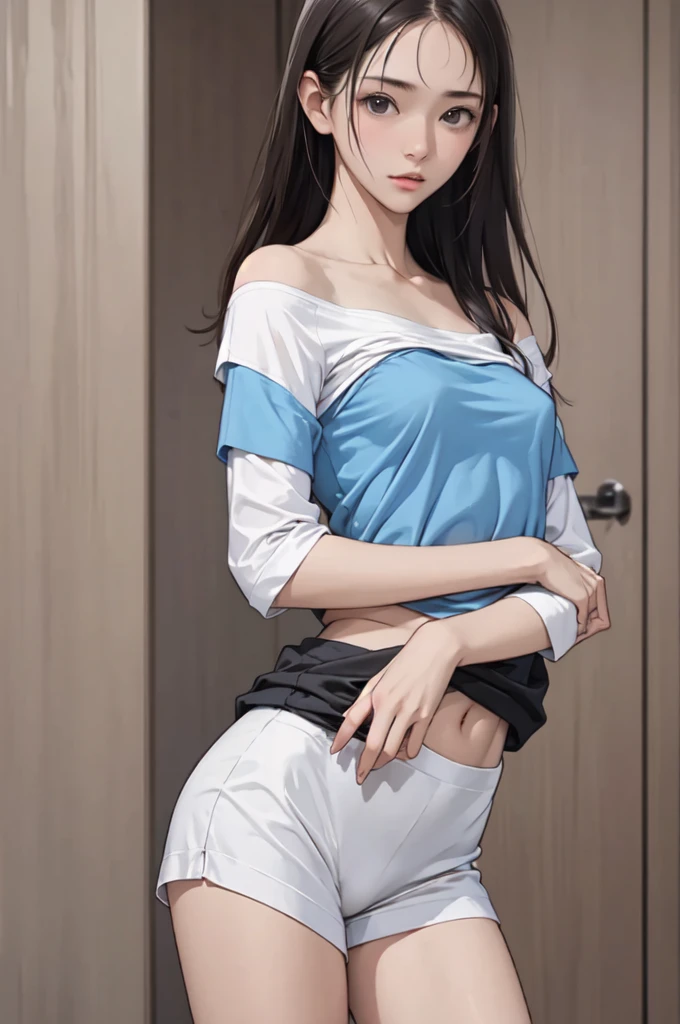 ((masterpiece, best quality)),((high resolution:1.3)), 1 Girl, solo, Cowboy Shot, Blurred Background, (((Small breasts))), Thighs, (underwear), ((lift Shirts:1.3)), Off shoulder