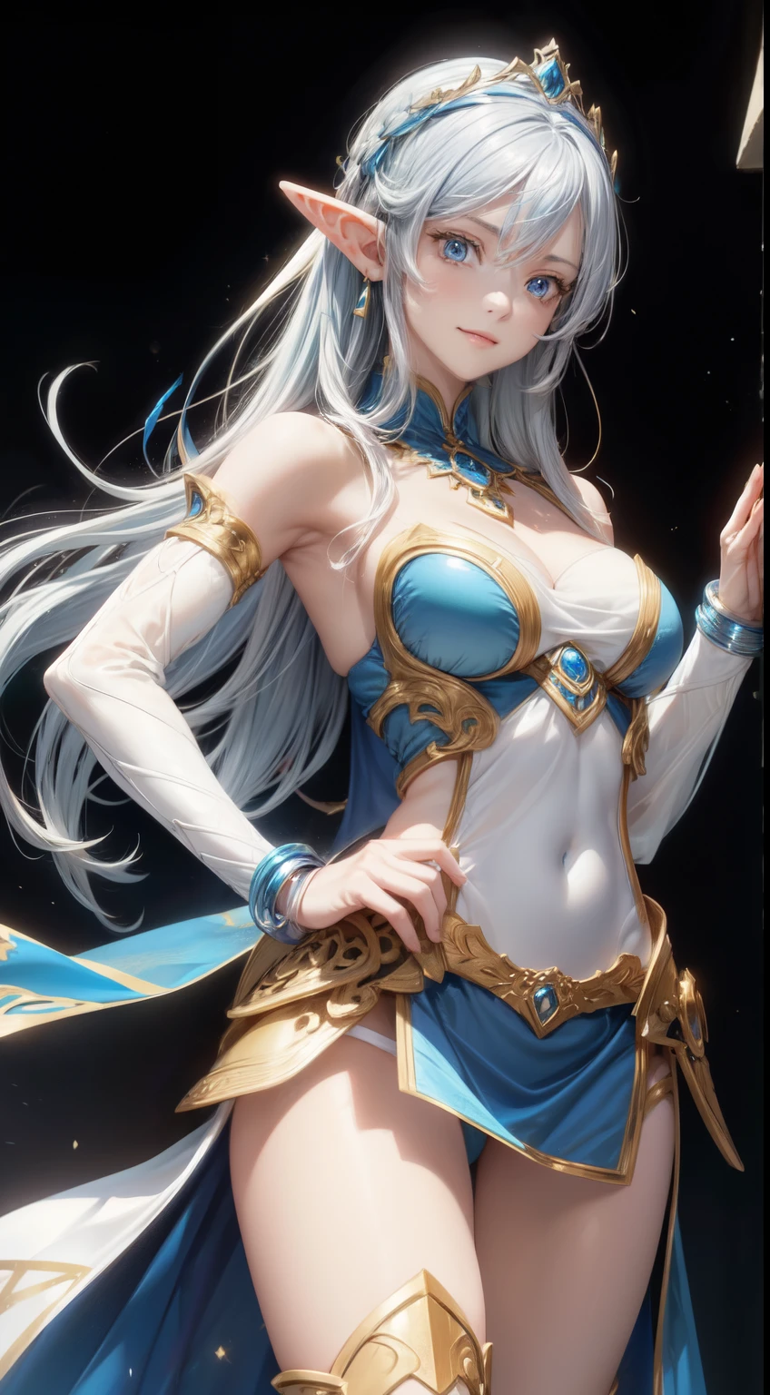 standing mature elf woman, 20 years of age, cleavage, blue bikini armor, blue armored short skirt, jewelry, blue eyes, perfect hand, perfect face, perfect body, small smile, realistic, white hair, porcelain skin, perfect skin, sleeveless, gloveless, bracelet, mystical, cleavage, big breast, looking at viewer, masterpiece, high quality, jewelry, tiara ,detailed, athletic body, perfect eyes, simple black background, closed mouth, small smile
