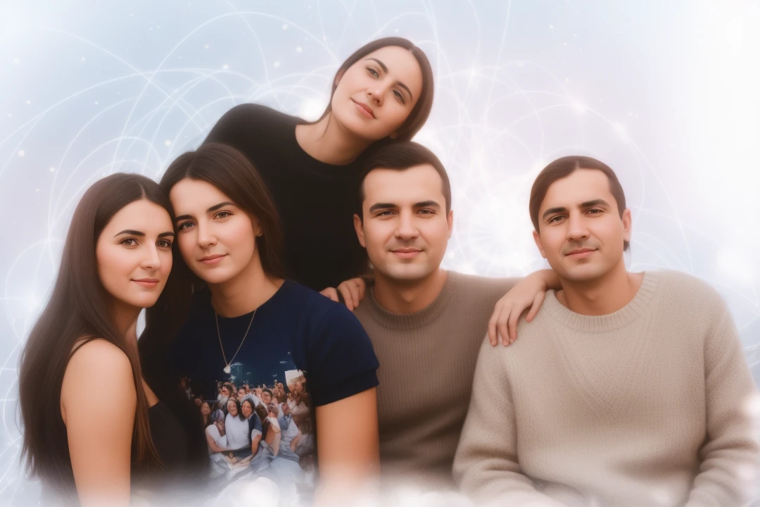 There is a group of people, who pose for photography, Happy family, family photo, a family portrait, High Quality Portrait, NFT Portrait, artem, maia sandu hyperrealistic, color portrait, Complex background, photo portrait, profile pic, inspired by Isidor Křnjávi, digital illustration art, 8K)), digital illustration art
